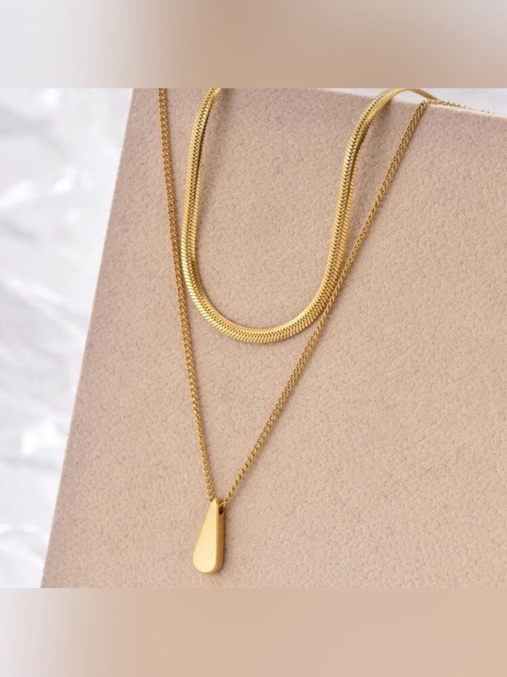 Gold Plated Stainless Steel Layered Teardrop Necklace — Minimalist Chic